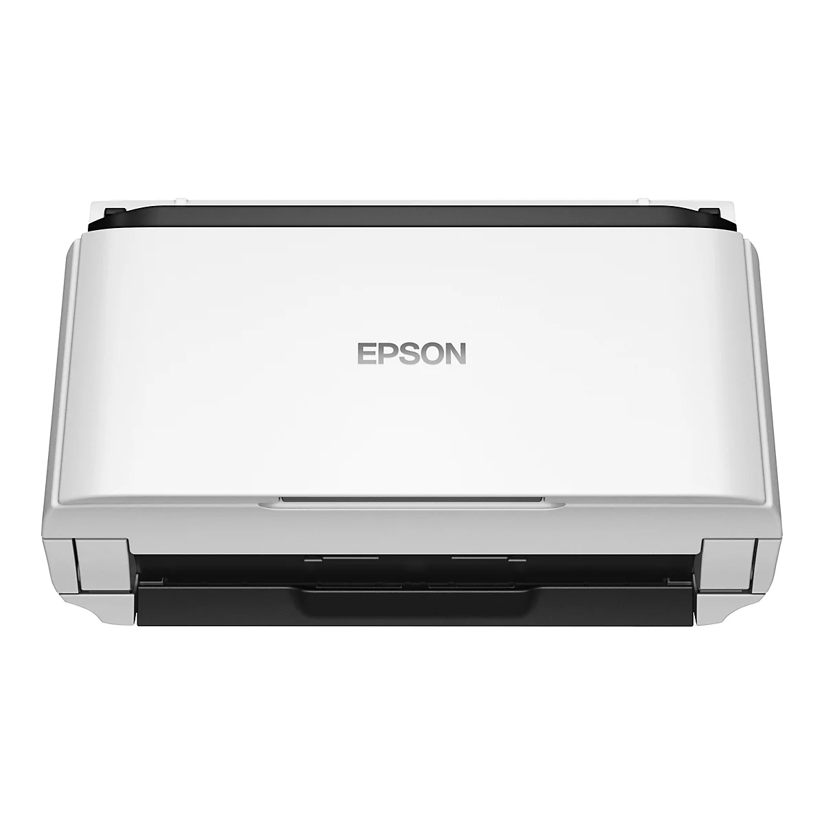 Ein weißer Epson-Scanner auf weißem Hintergrund. Der Name Epson ist auf der Oberseite zentriert.