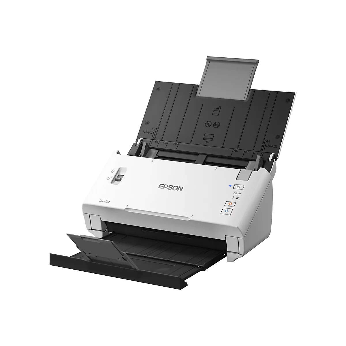 Ein weißer Epson DS-410 Scanner mit schwarzem Einzug und Ablage, offen dargestellt.