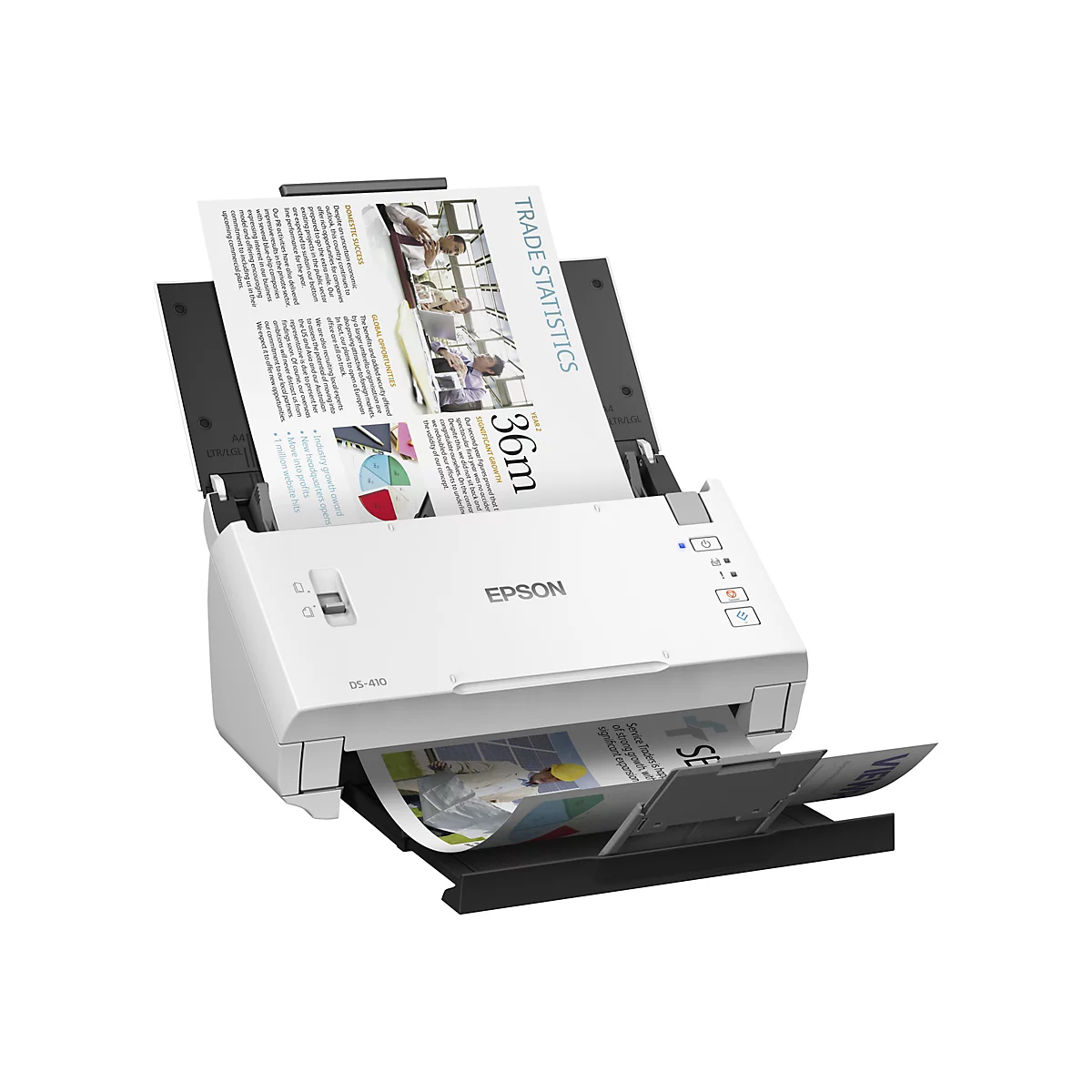 Ein weißer Epson DS-410 Scanner, der ein Dokument einzieht und ein anderes ausgibt, mit Texten wie "TRADE STATISTICS".