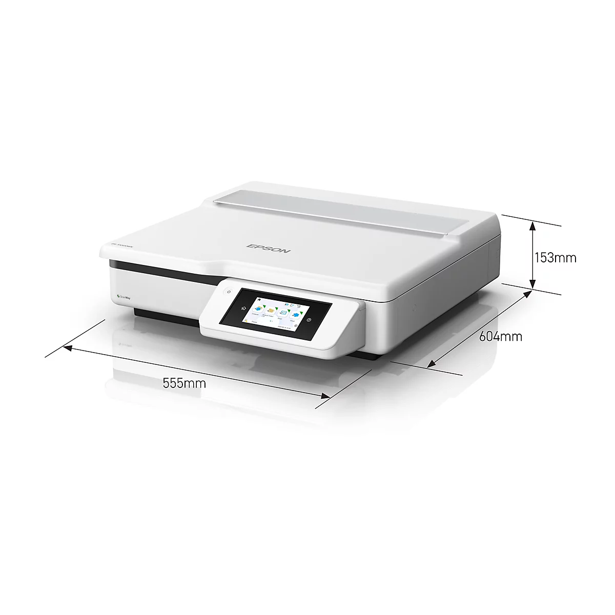 Weißer Epson Dokumentenscanner DS-32000WN mit Touchscreen und Maßangaben in Millimetern.
