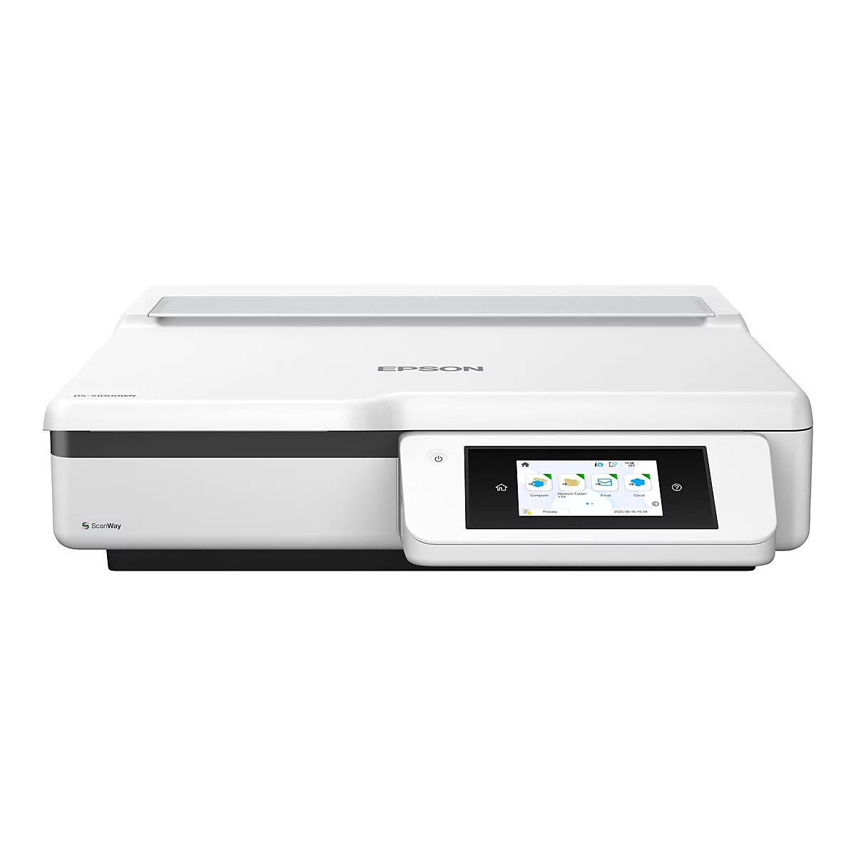 Epson Flachbettscanner DS-51000WN in Weiß mit Touchscreen-Display vor neutralem Hintergrund.