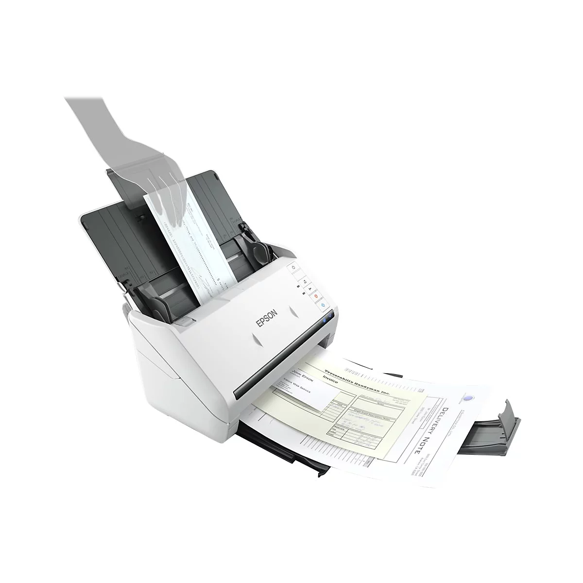 Scanner blanc avec couvercle ouvert numérisant un formulaire. Documents numérisés en dessous.
