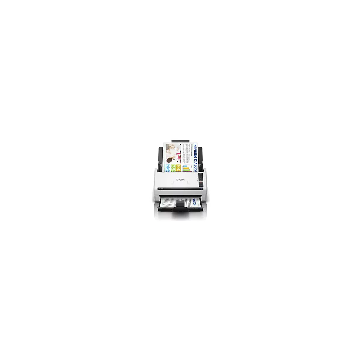 Scanner Epson blanc avec documents numérisés, dont un avec des diagrammes.