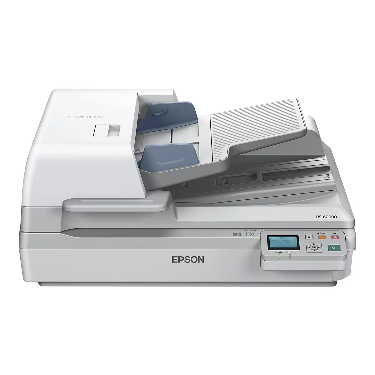 Un scanner Epson blanc, modèle DS-60000. Le couvercle est ouvert. Le petit écran affiche : Le scanner est prêt, appuyez sur OK pour démarrer.