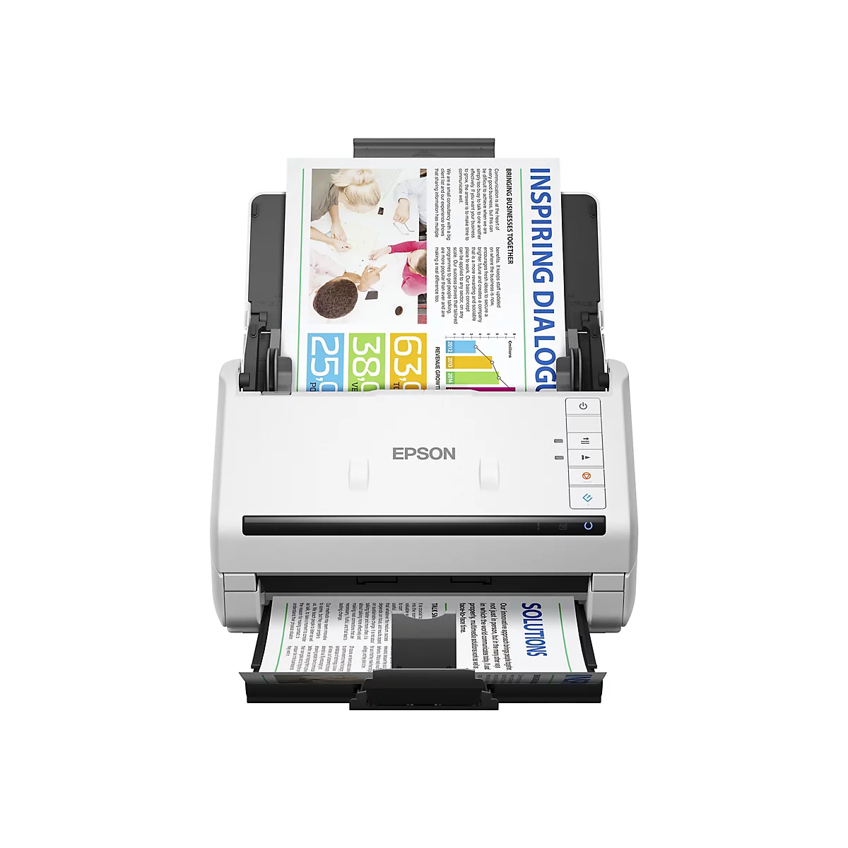 Un scanner Epson blanc avec un couvercle ouvert, absorbant des documents avec du texte et des diagrammes. Les boutons de commande sont à sa droite.