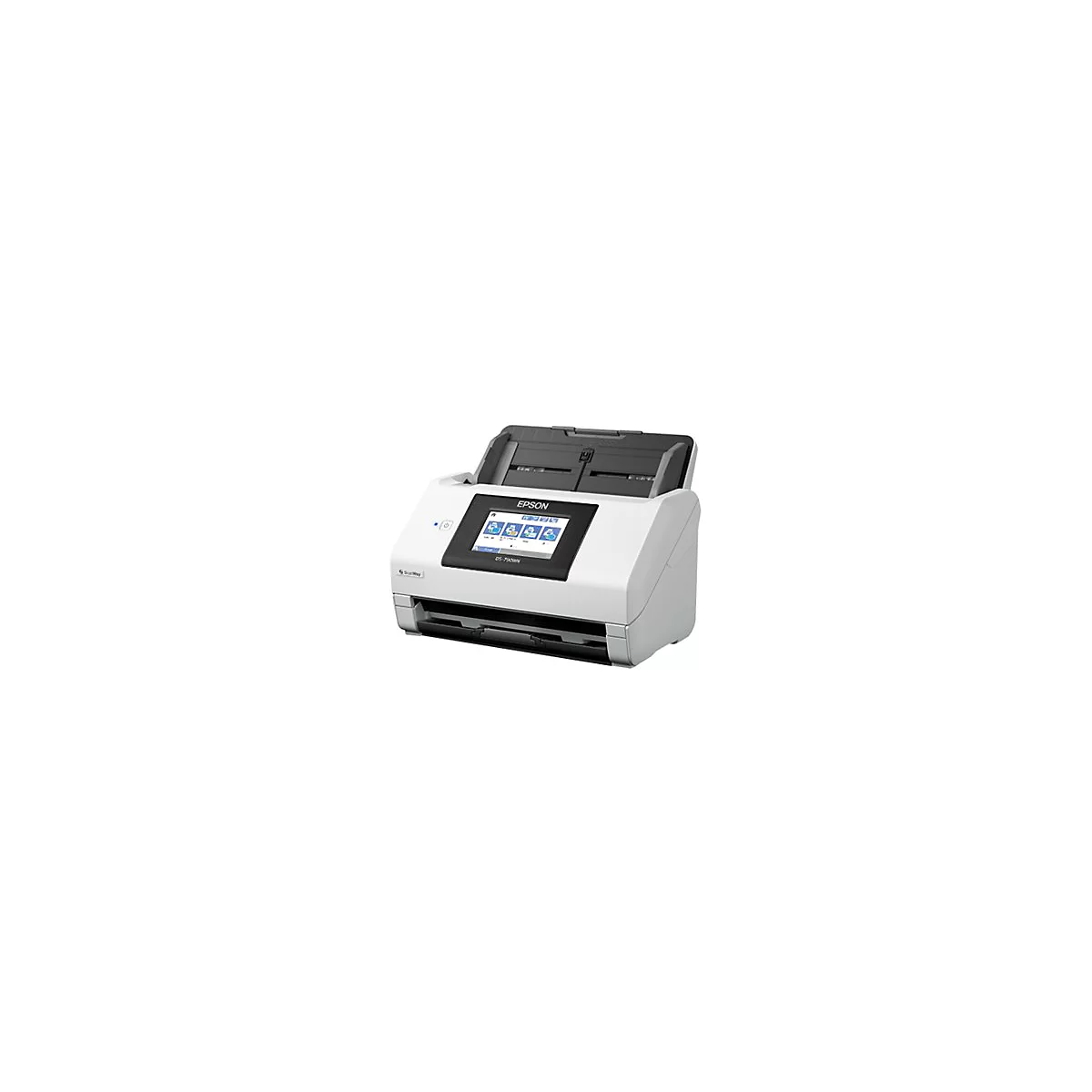 Un scanner Epson blanc avec couvercle relevé, écran tactile et logo "Epson".
