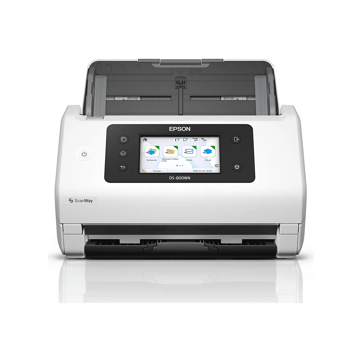Scanner Epson blanc. Panneau de commande noir avec Ã©cran tactile. Couvercle supÃ©rieur ouvert. IcÃ´nes de numÃ©risation sur l'Ã©cran.