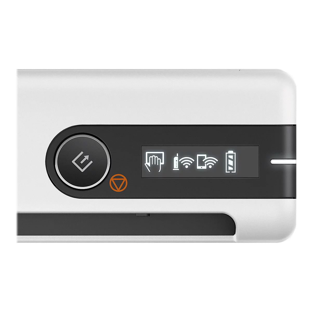 Nahaufnahme eines weißen, schwarzen Geräts mit Bedienfeld und Symbolen: Akku, WLAN, Hände, Router.