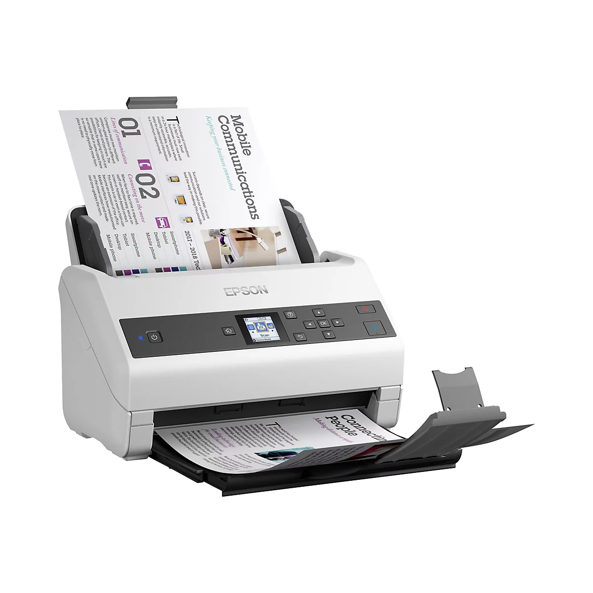 Ein weißer Epson-Scanner, der ein Blatt Papier einzieht. Auf dem Papier steht "Mobile Communications".