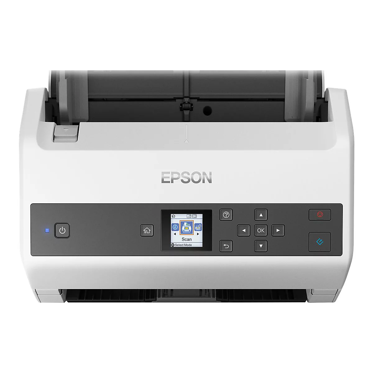 Draufsicht auf einen weißen Epson-Multifunktionsdrucker mit Bedienfeld, Tasten und Bildschirm.