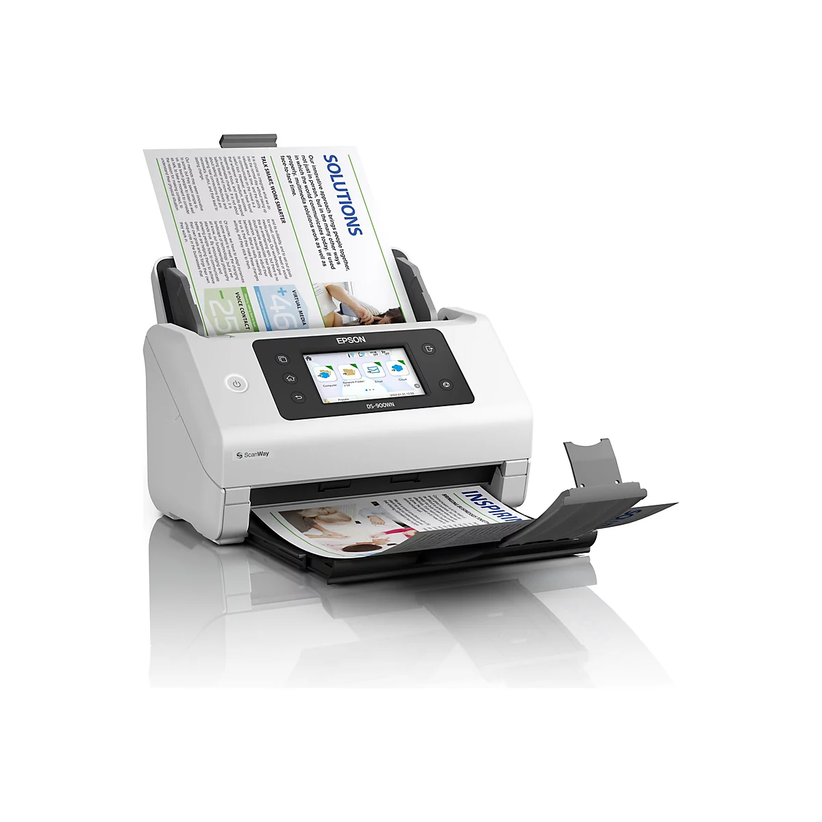 Ein weißer Epson-Scanner, der ein Blatt mit Text und Bildern einzieht. Oben liegt ein weiteres Blatt mit dem Logo 'Solutions'.