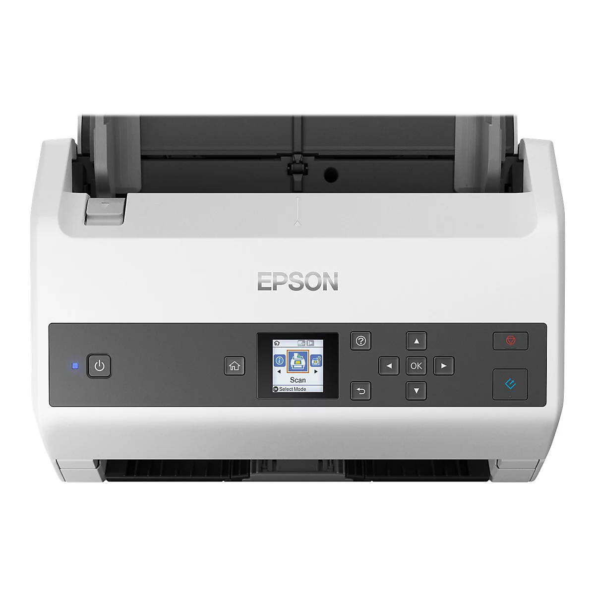 Weißer Epson-Scanner mit schwarzem Bedienfeld und Logo. Bildschirm zeigt Scan-Optionen.