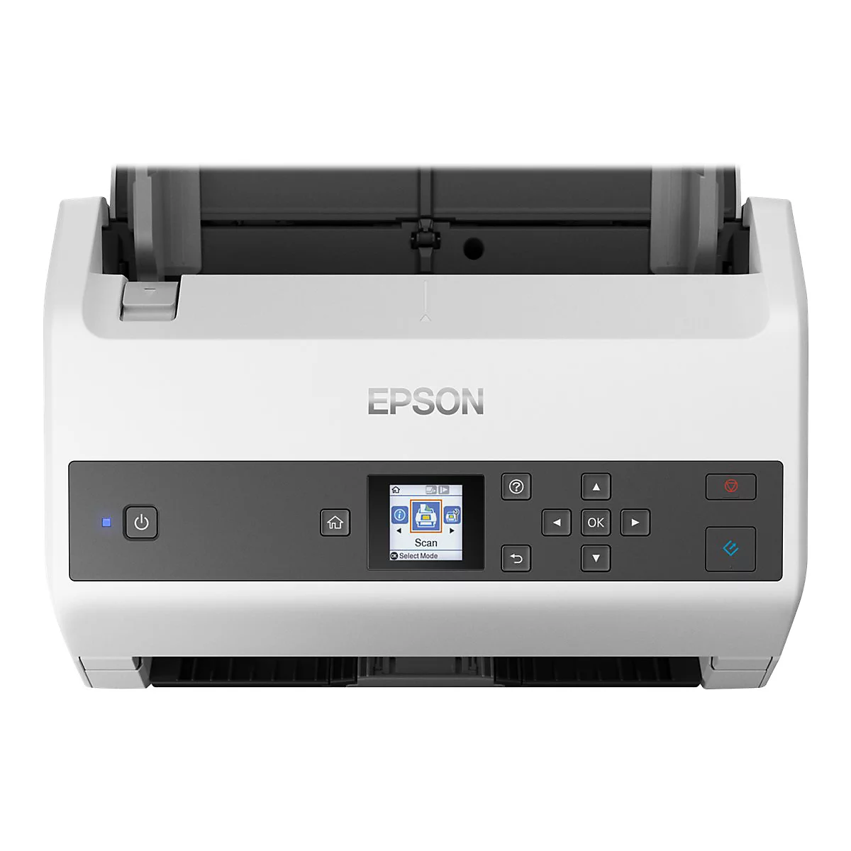 Weißer Epson Scanner, Bedienfeld mit Tasten und kleinem Display. Auf dem Display steht „Scan“.