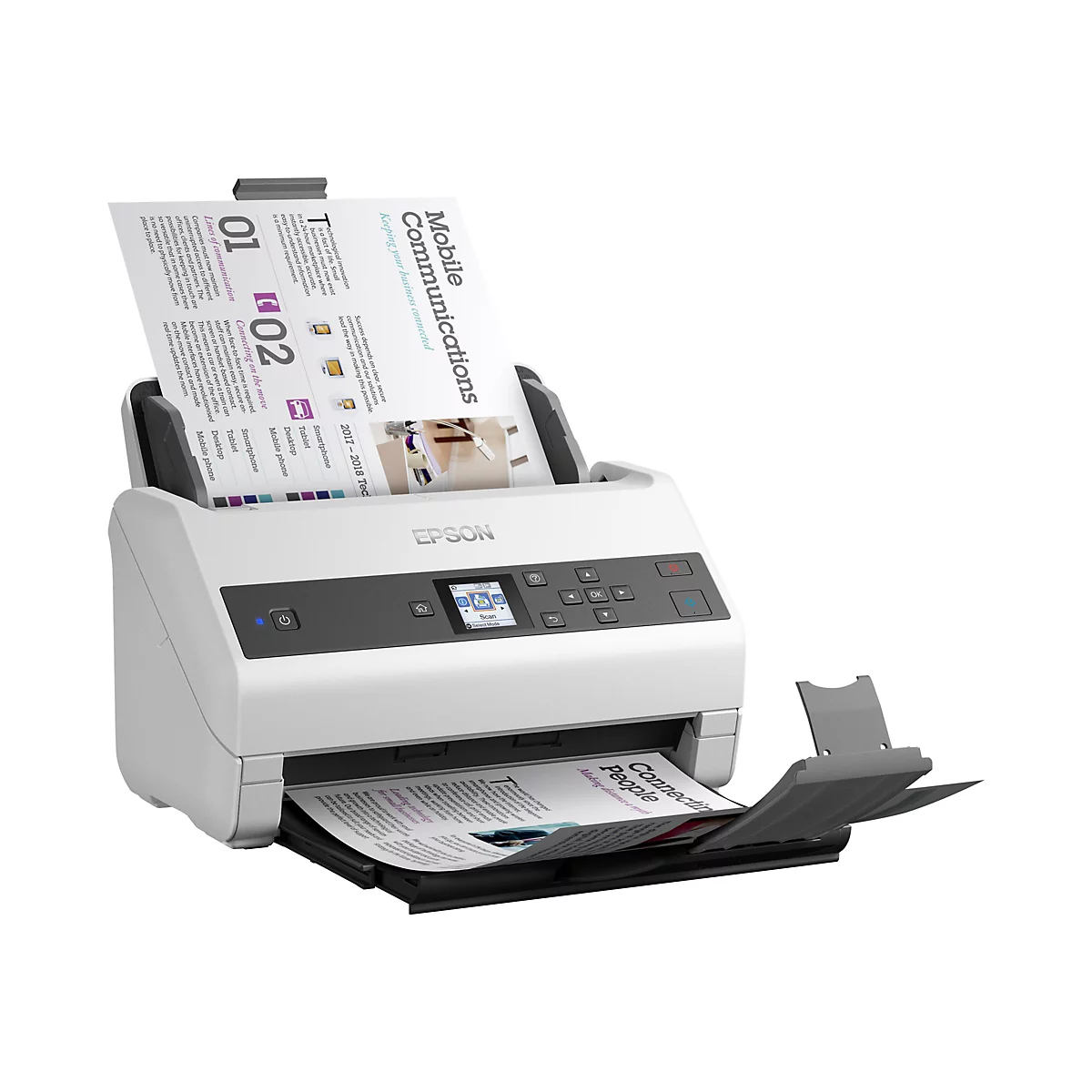 Ein weißer Epson-Scanner mit einem eingezogenen Blatt Papier, das gescannt wird. Auf dem Display-Bildschirm wird "Scan" angezeigt. Daneben befinden sich Navigations- und Funktionstasten.