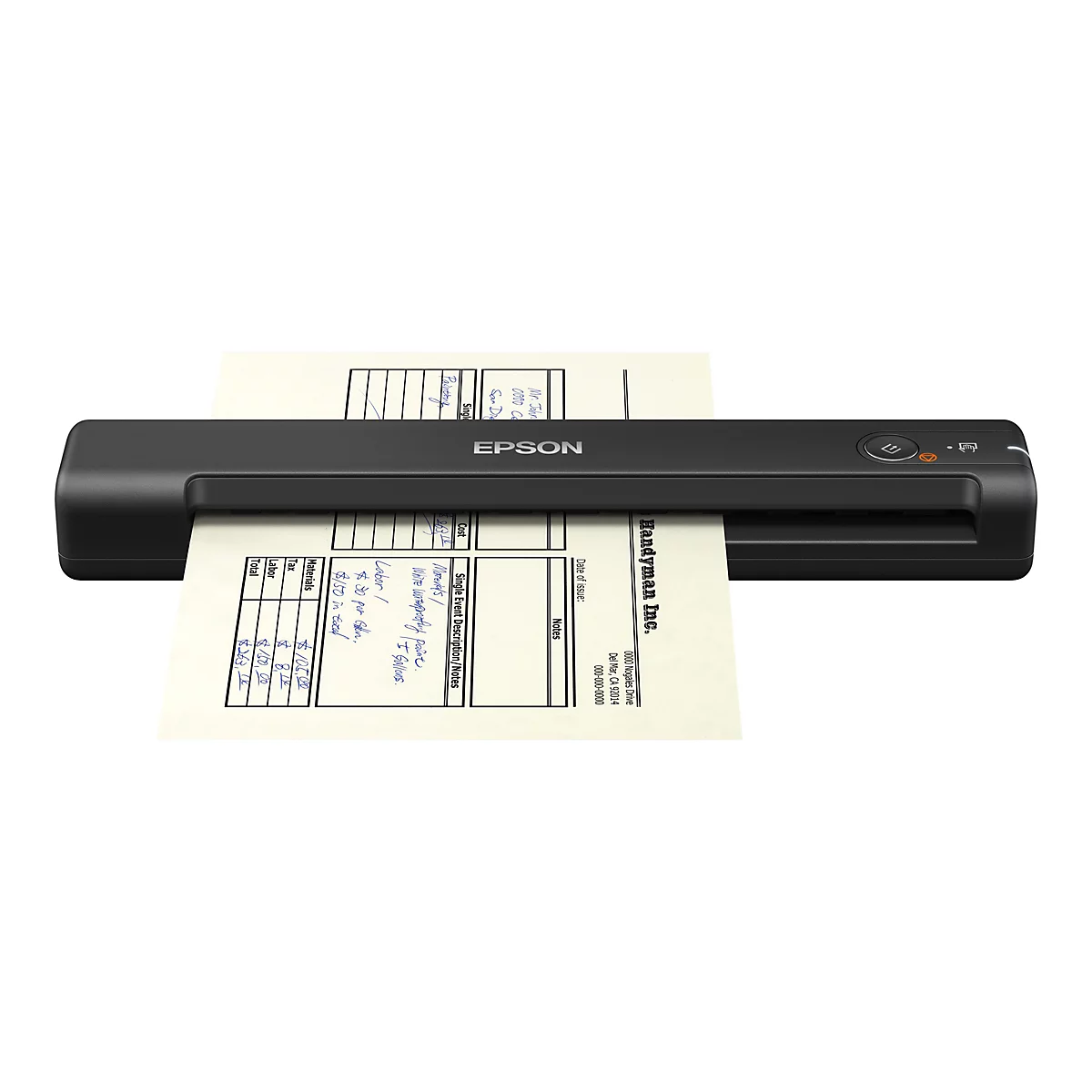 Ein schwarzer Epson-Scanner scannt ein Blatt Papier mit handschriftlichen Notizen. Das Papier ist teilweise in den Scanner eingelegt.