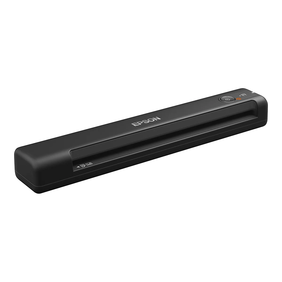 Ein schwarzer Epson-Scanner. Oben befindet sich ein Knopf, darunter das Epson-Logo. Auf dem Scanner befinden sich zudem Symbole.