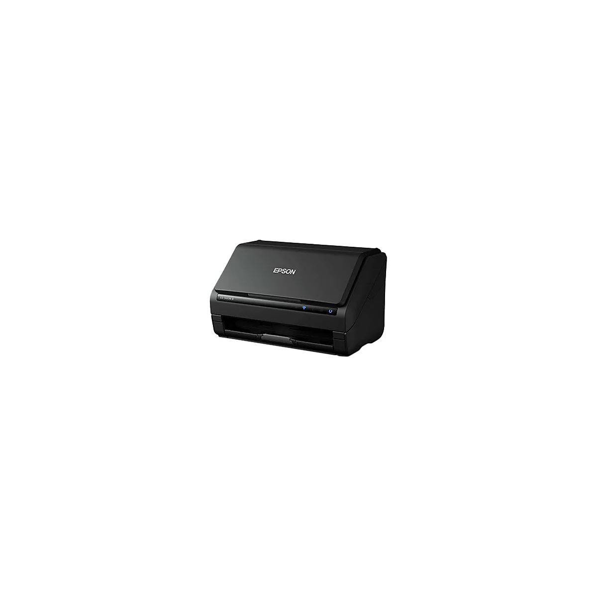 Schwarzer Flachbettscanner von Epson mit blauem Wifi-Symbol und Power-Knopf.