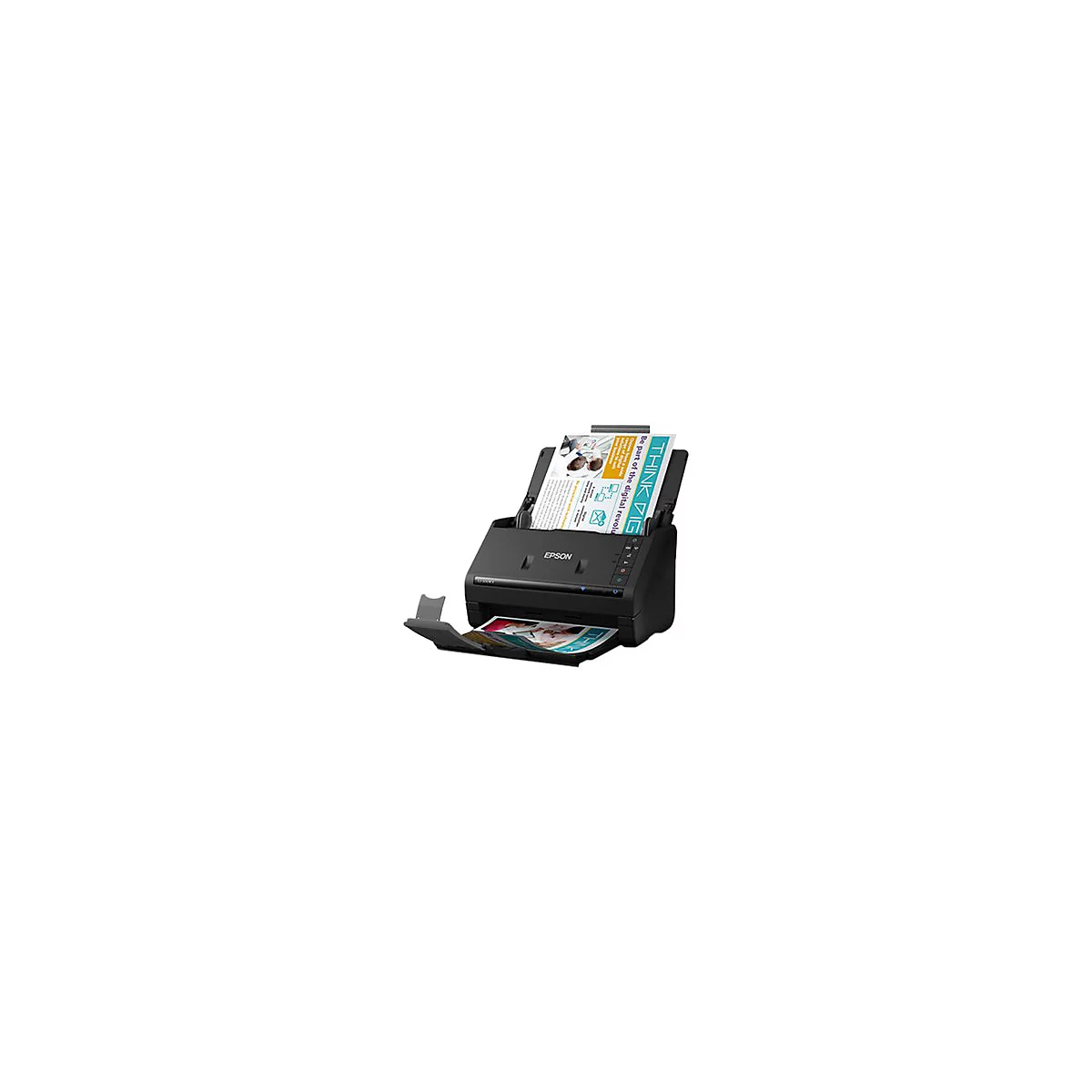 Schwarzer Scanner mit zwei eingelegten Papieren. Auf einem Papier steht THINK BIG.