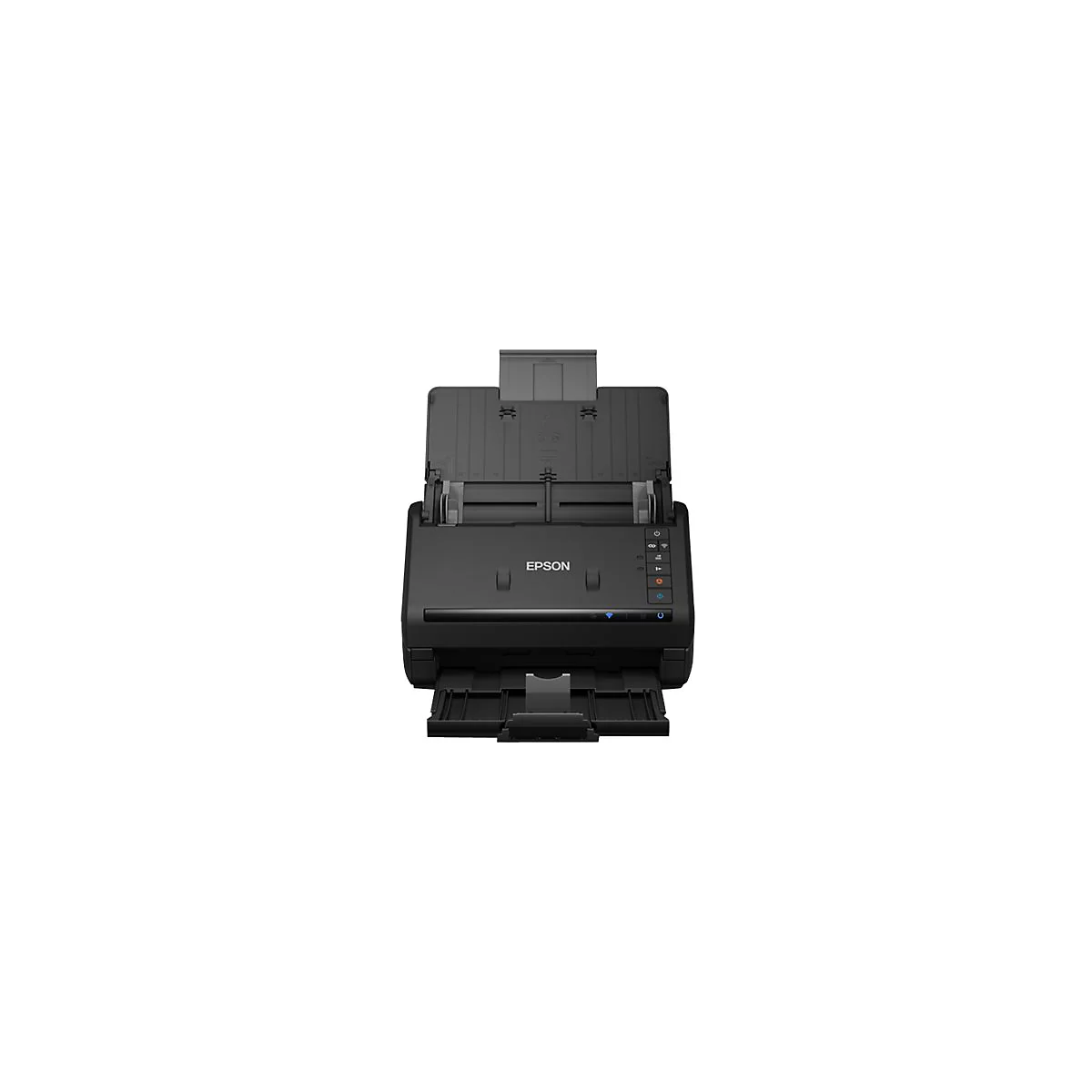 Ein schwarzer Epson-Scanner, geÃ¶ffnet. Oben der Einzug, unten der Ausgabeschacht. Bedienfeld mit Tasten rechts.