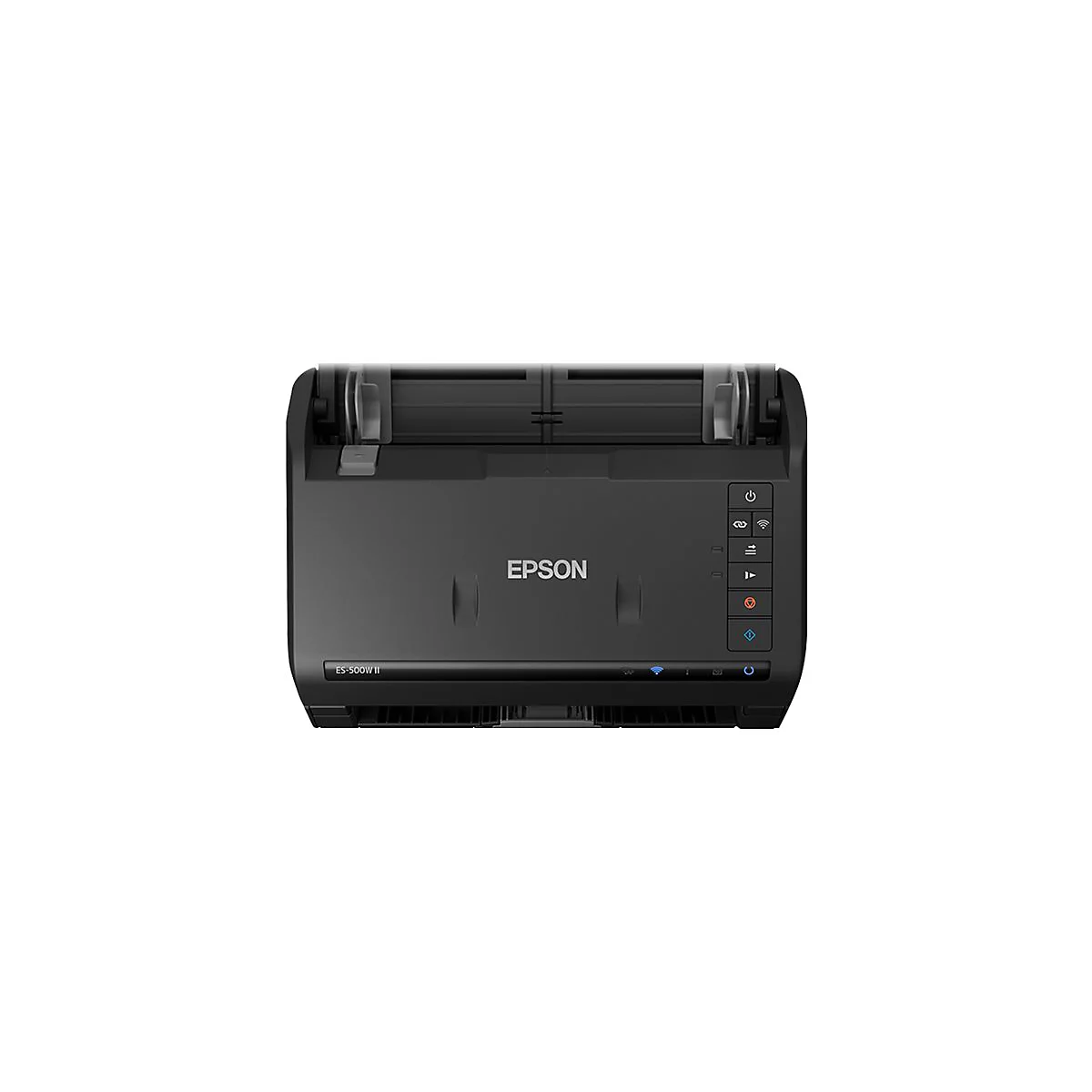 Schwarzer Epson ES-500W II Dokumentenscanner. Oben mit offenem Deckel, rechts mit Bedienknöpfen, Epson-Logo mittig.