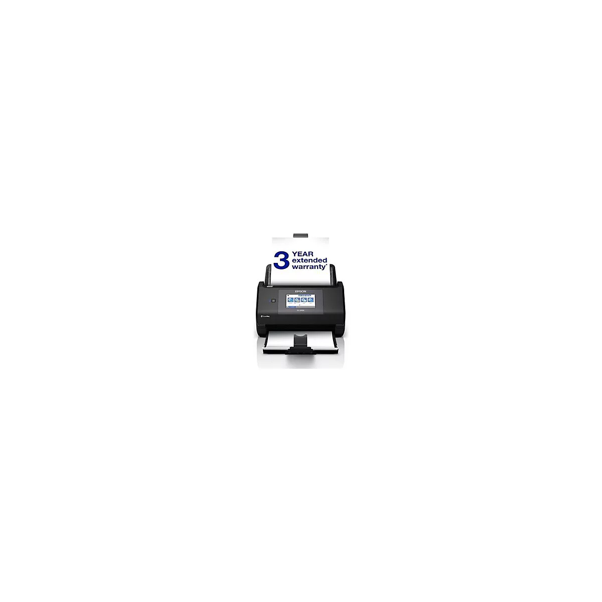 Un scanner de documents Epson noir avec une garantie prolongée de 3 ans imprimée.