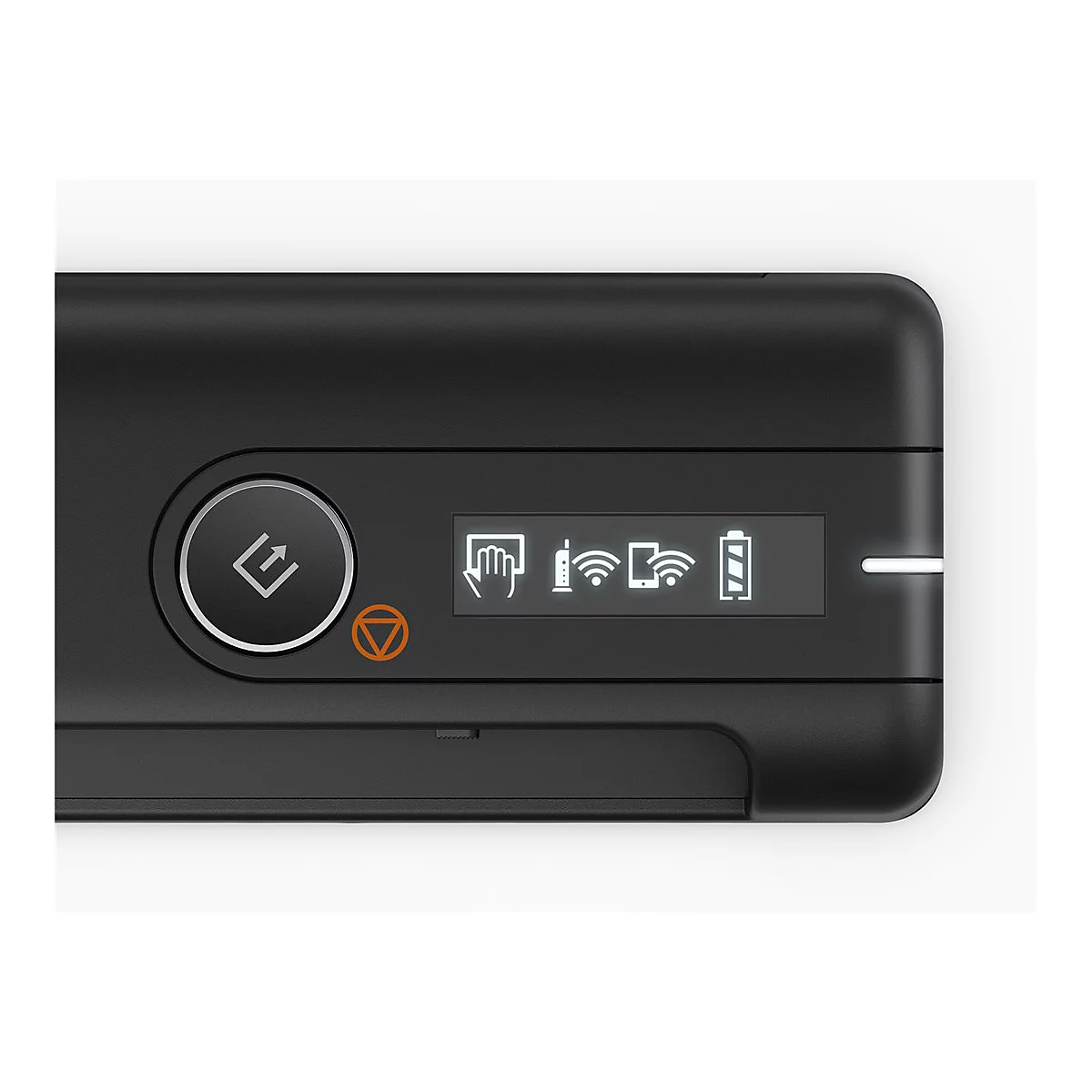 Vue détaillée d'un appareil technique noir. Il comporte des boutons et un écran avec des symboles tels que le Wi-Fi et l'état de la batterie.