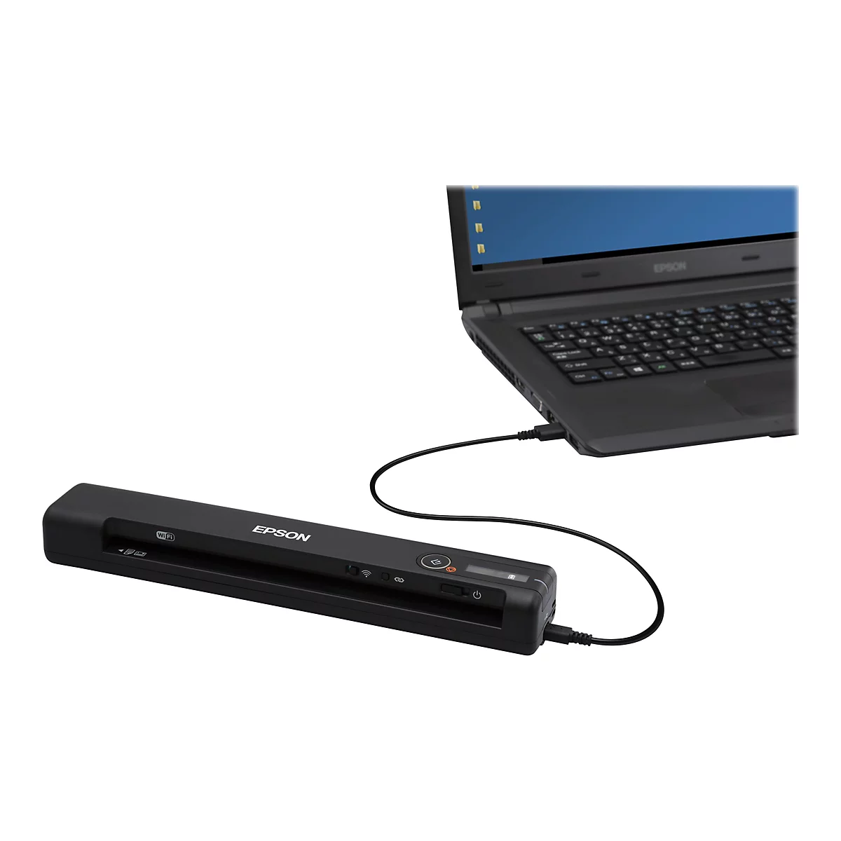 Ein schwarzer Epson-Scanner, der über ein USB-Kabel mit einem schwarzen Laptop verbunden ist. Auf dem Laptop-Bildschirm sind Ordnersymbole zu sehen.