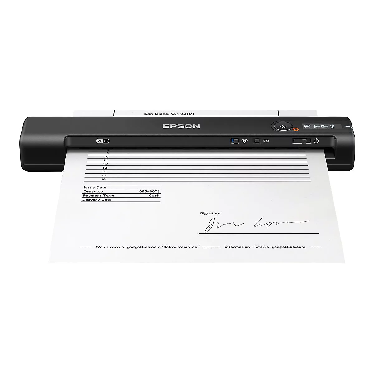Schwarzer Epson-Drucker druckt ein Dokument. Das Papier ist mit Linien, Überschriften und einer Unterschrift versehen.