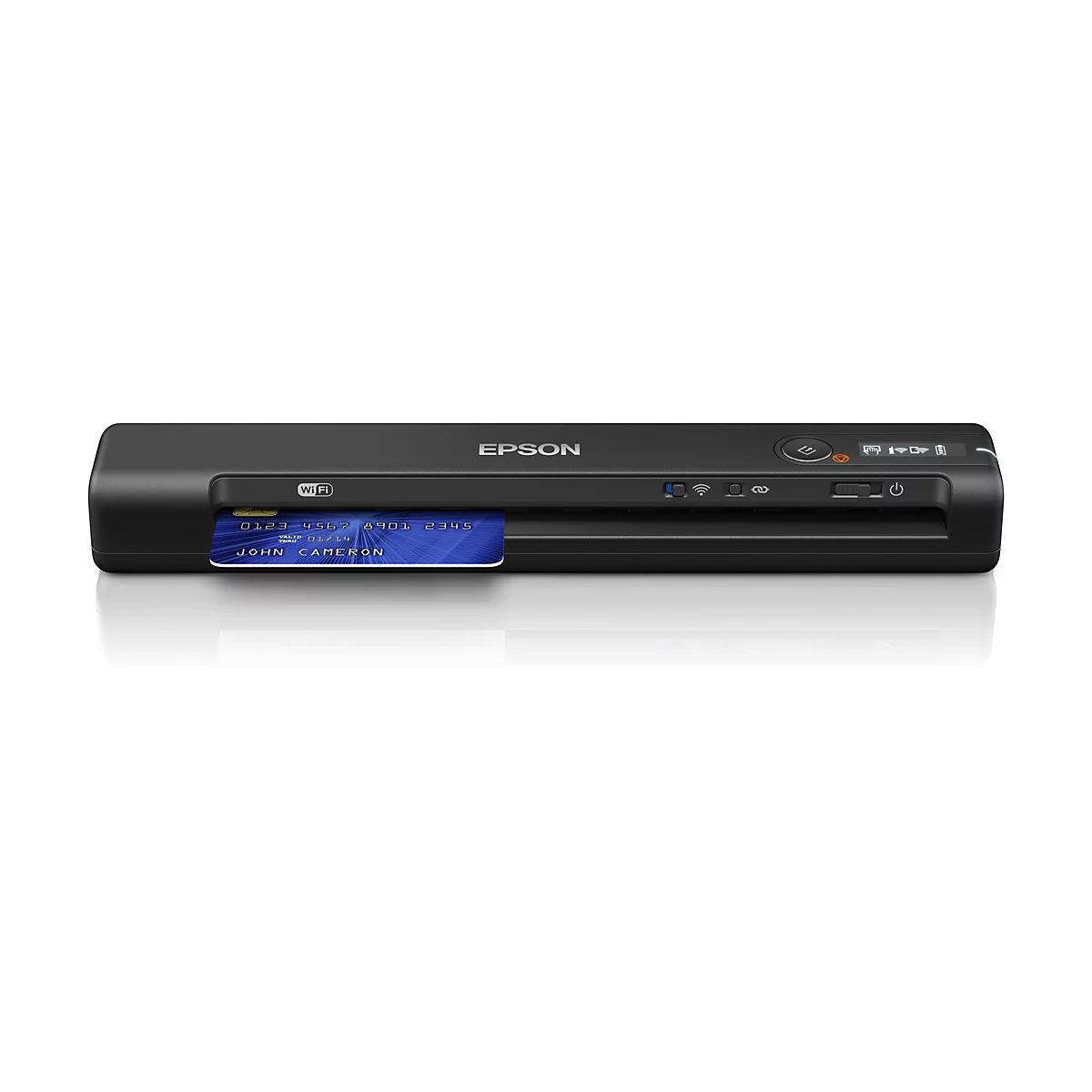 Ein schwarzer Epson-Scanner mit einer eingelegten Kreditkarte, die den Namen "JOHN CAMERON" trägt. Oben steht "EPSON".