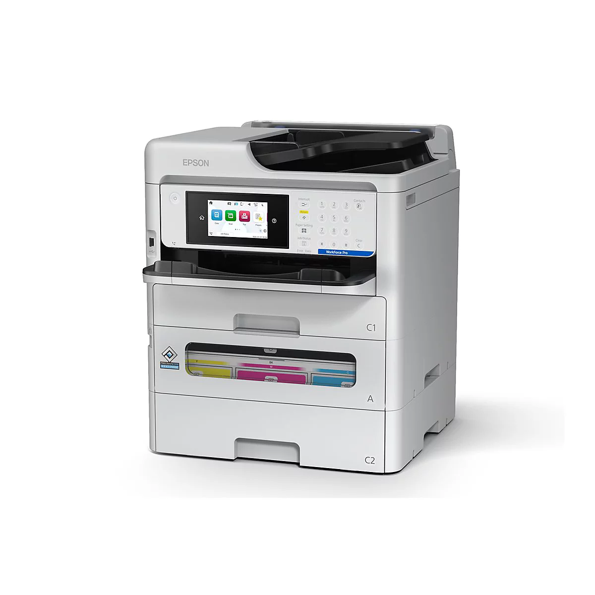 Ein weißer Epson Workforce Pro Drucker mit Farbdisplay, schwarzer Oberseite und bunten Tintenpatronen.