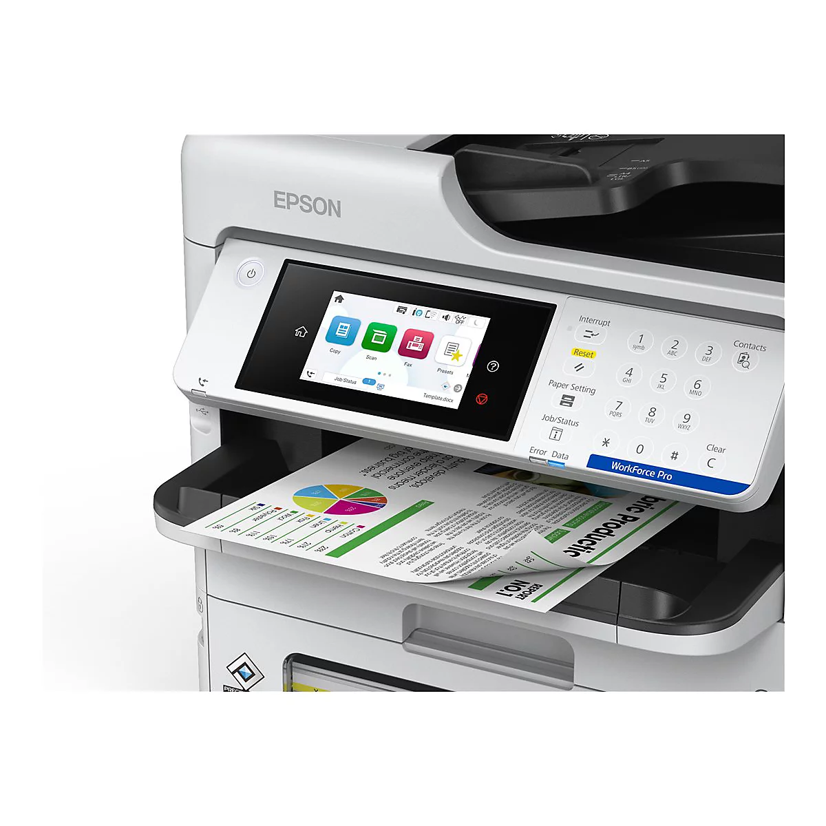 Nahaufnahme eines Epson Workforce Pro Druckers mit Touchscreen-Display und ausgedrucktem Dokument im Ausgabefach.