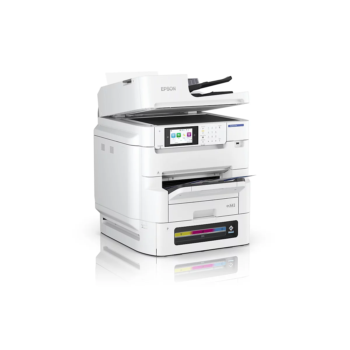 Weißer Epson-Multifunktionsdrucker. Obere Abdeckung offen, Touchscreen-Display, Bedienfeld. Farbdarstellung der Tintenpatronen unten rechts.
