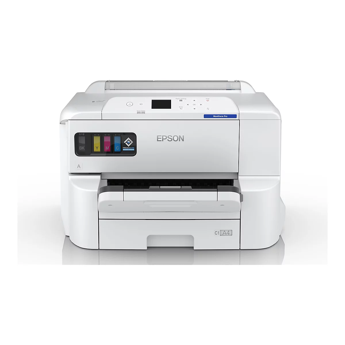 Weißer Drucker, Ansicht von vorne. Epson-Logo und 'WorkForce Pro' auf dem Gerät.