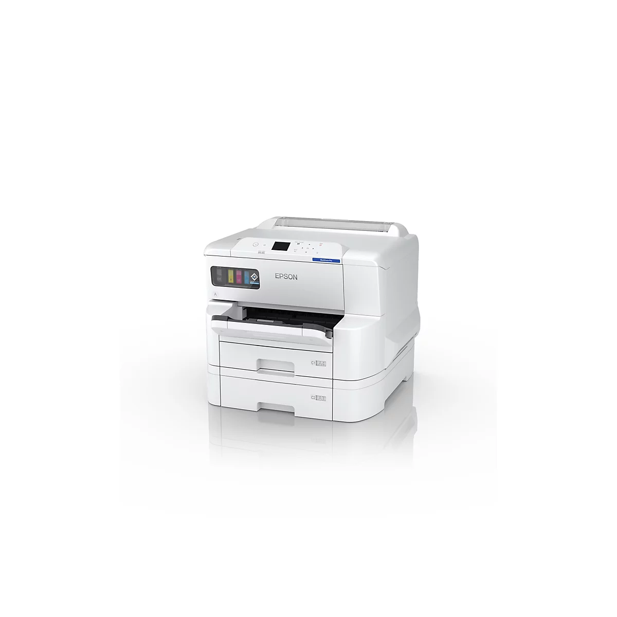 Ein weißer Drucker vor weißem Hintergrund. Mit Epson-Logo und Workforce Pro Schriftzug.