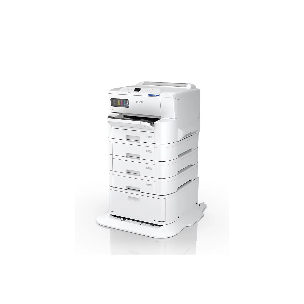 Weißer Drucker mit vier Schubladen auf weißem Grund. Auf dem Gerät steht "Epson".