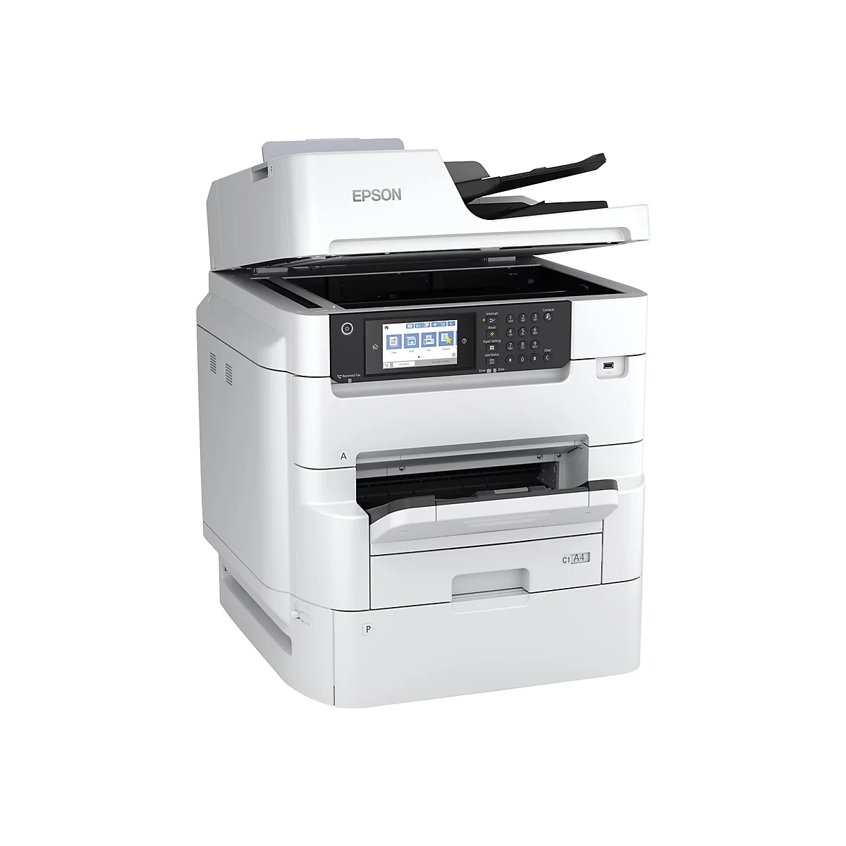 Weißer Epson Multifunktionsdrucker, Scannerabdeckung geöffnet, Bedienfeld mit Display.