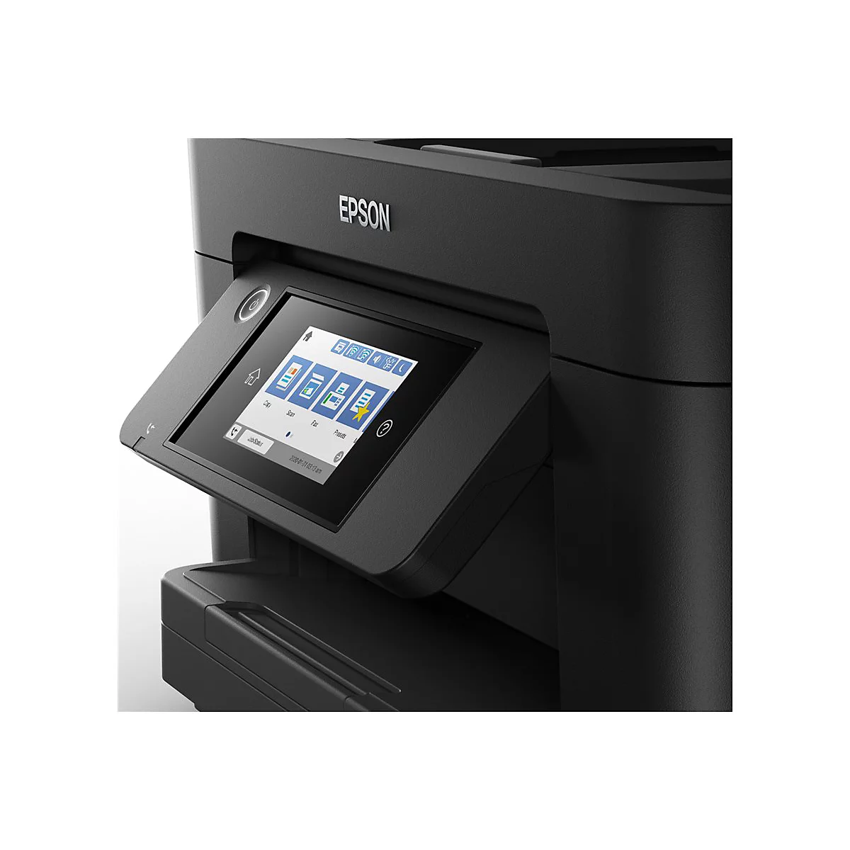 Nahaufnahme des digitalen Touch-Displays eines schwarzen Epson-Druckers mit Menüsymbolen.