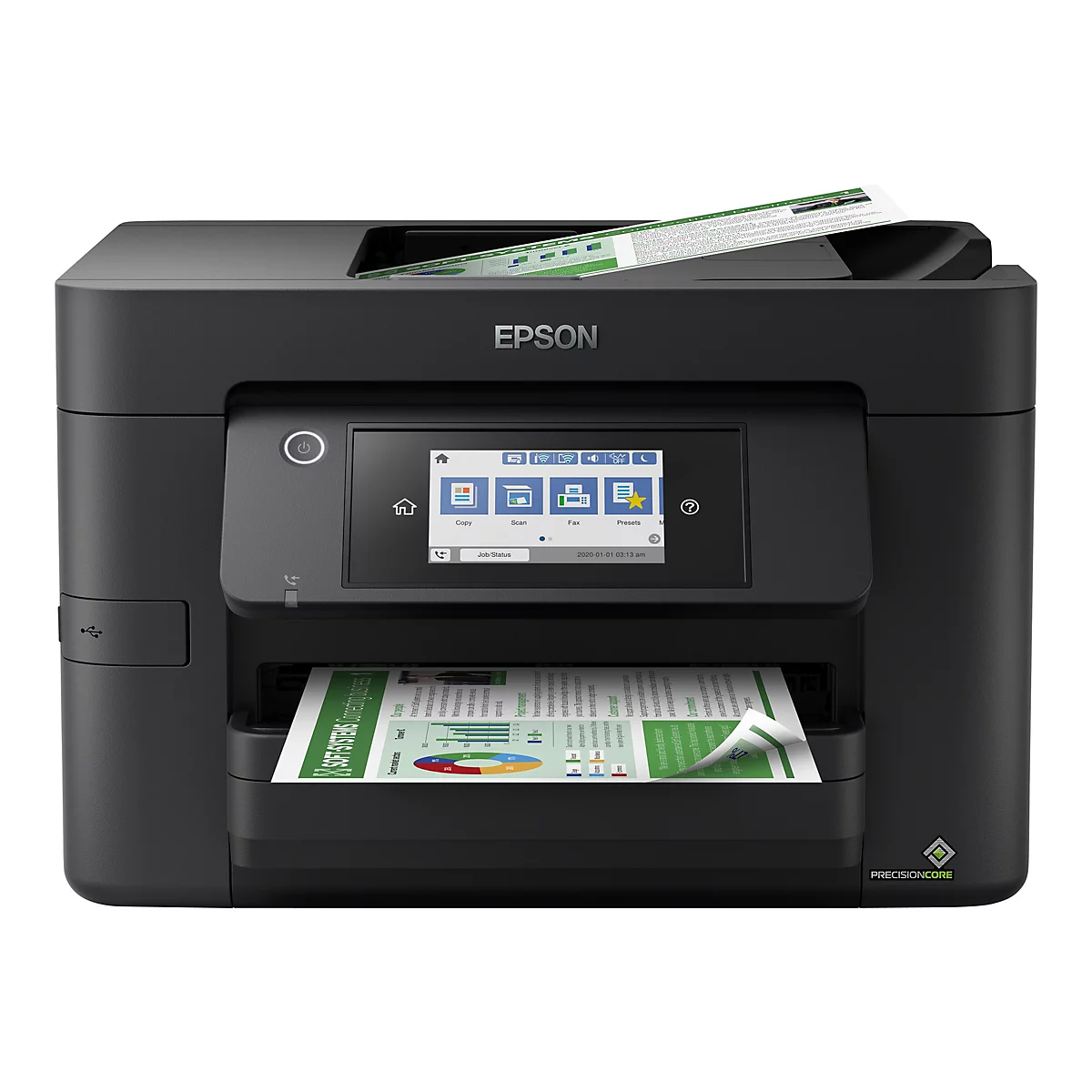 Schwarzer Epson Multifunktionsdrucker vor weißem Hintergrund mit bedrucktem Papier im Ausgabefach.