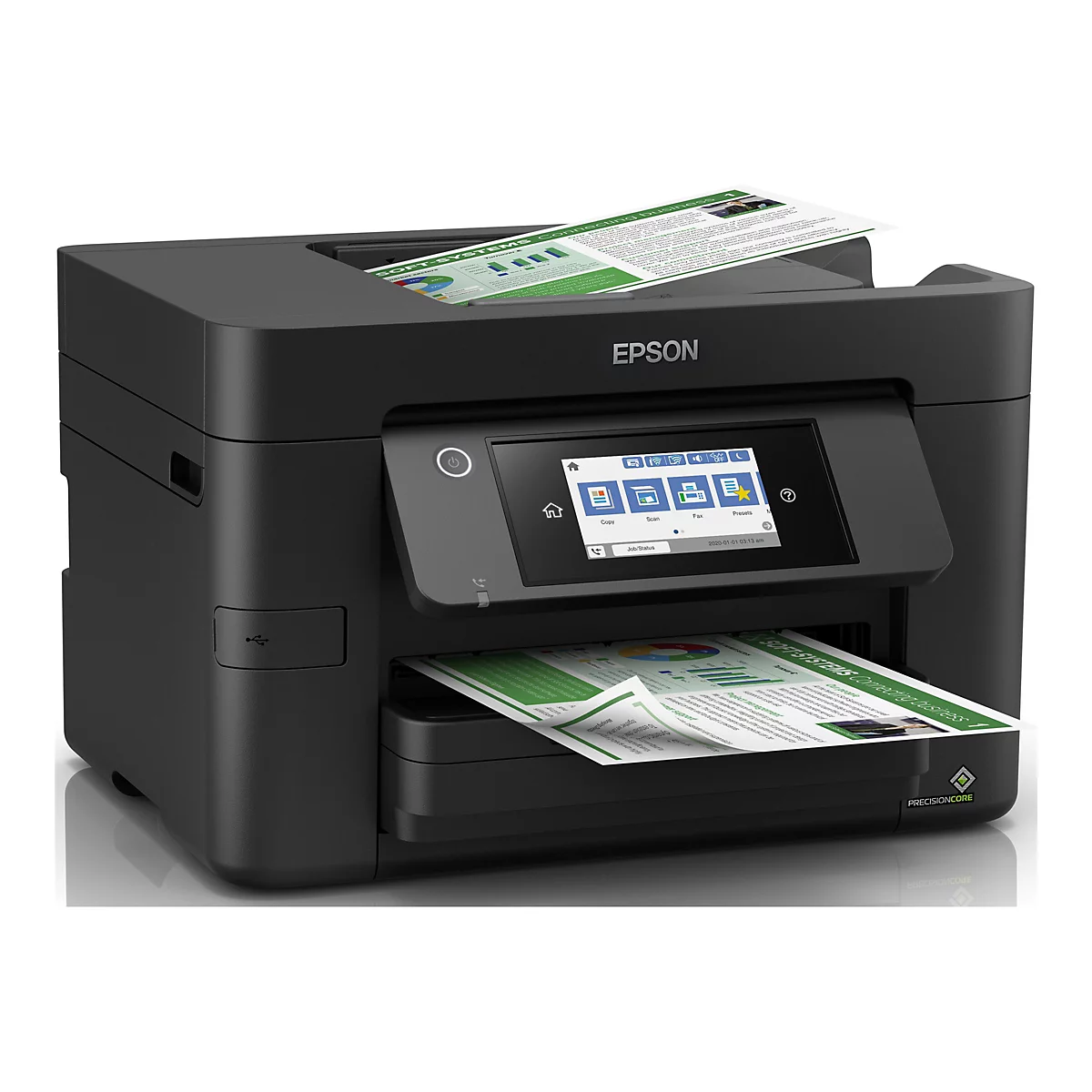 Schwarzer Epson Multifunktionsdrucker mit Touchscreen und bedrucktem Papier vor weißem Hintergrund.