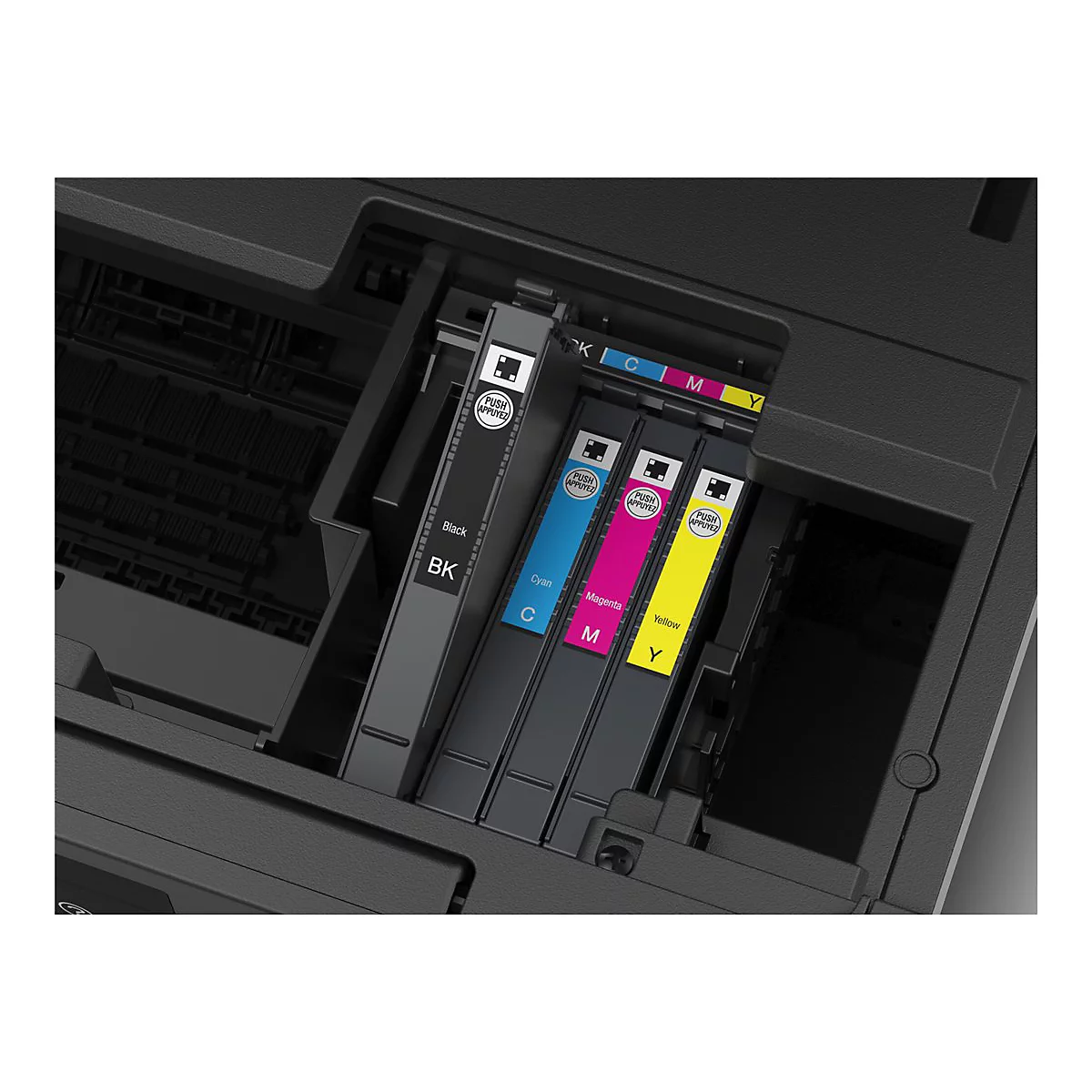 Druckerpatronen in den Farben Schwarz, Cyan, Magenta und Gelb im Inneren eines Druckers.