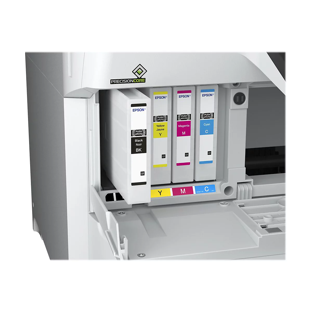 Nahaufnahme eines Epson-Druckers mit geöffnetem Fach, das schwarze, gelbe, magentafarbene und cyanfarbene Tintenpatronen zeigt.