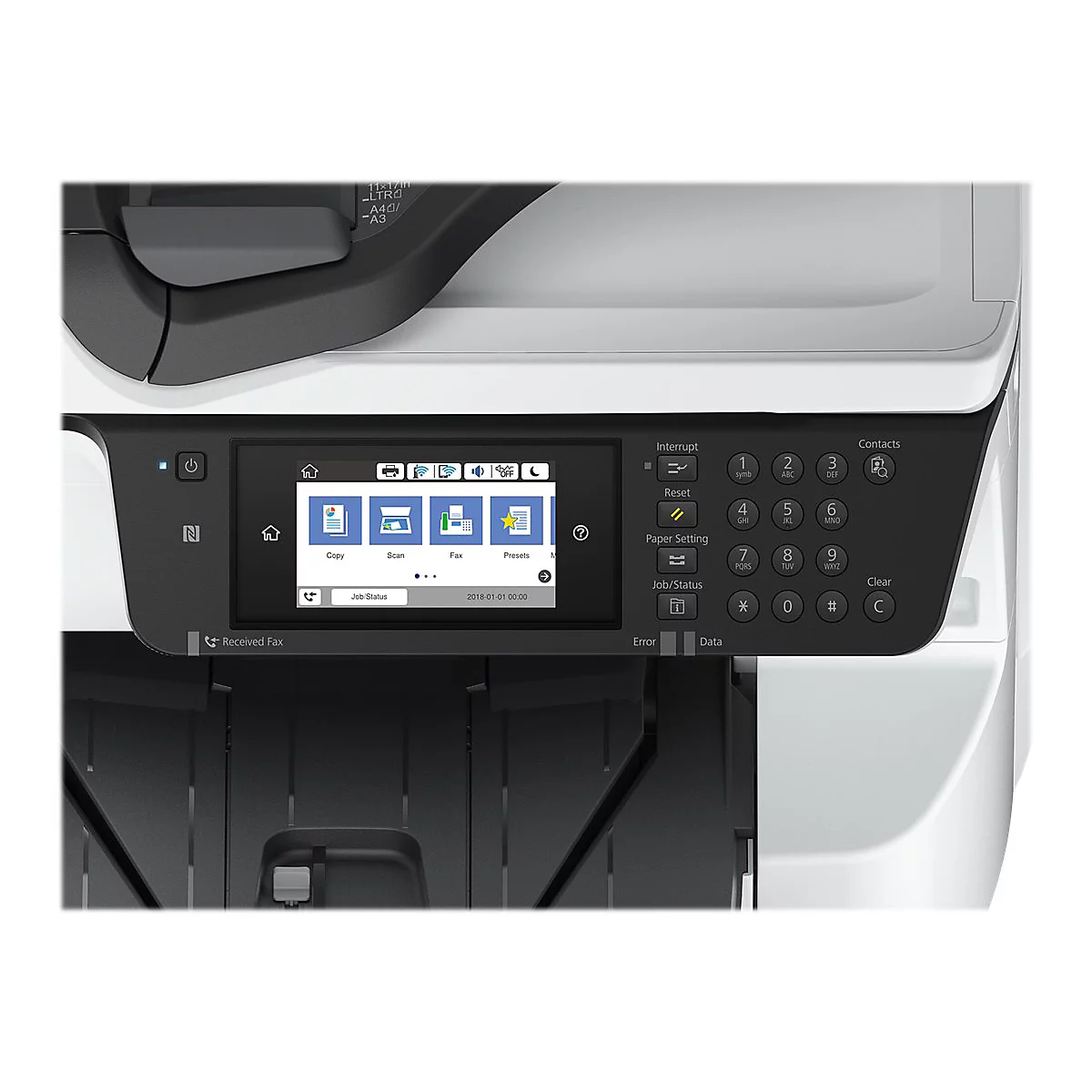 Nahaufnahme des Bedienfelds eines Multifunktionsdruckers mit Touchscreen-Display und Zifferntastenfeld.