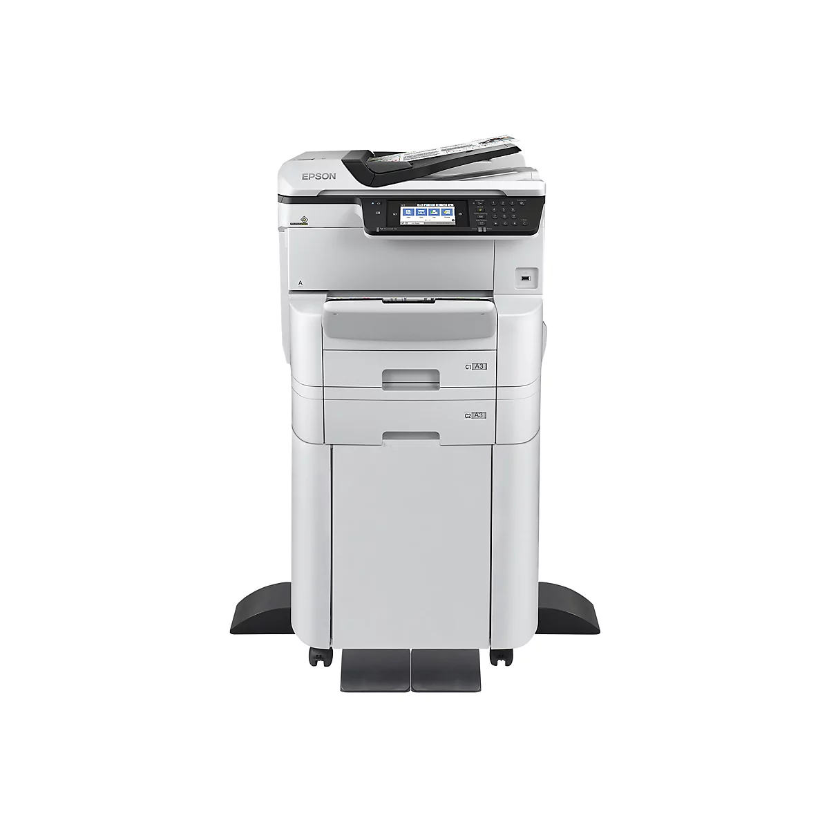 Ein weißer Epson Multifunktionsdrucker mit Touchscreen-Display, Papierfächern und Dokumenteneinzug auf weißem Grund.