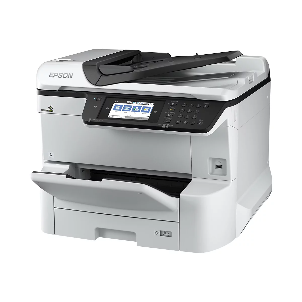 Weißer Epson Multifunktionsdrucker vor weißem Hintergrund mit Touchscreen-Display und offenem Papierfach.