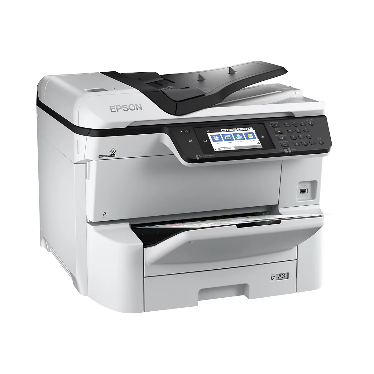 Weißer Epson Multifunktionsdrucker mit Touchscreen-Display vor neutralem Hintergrund.