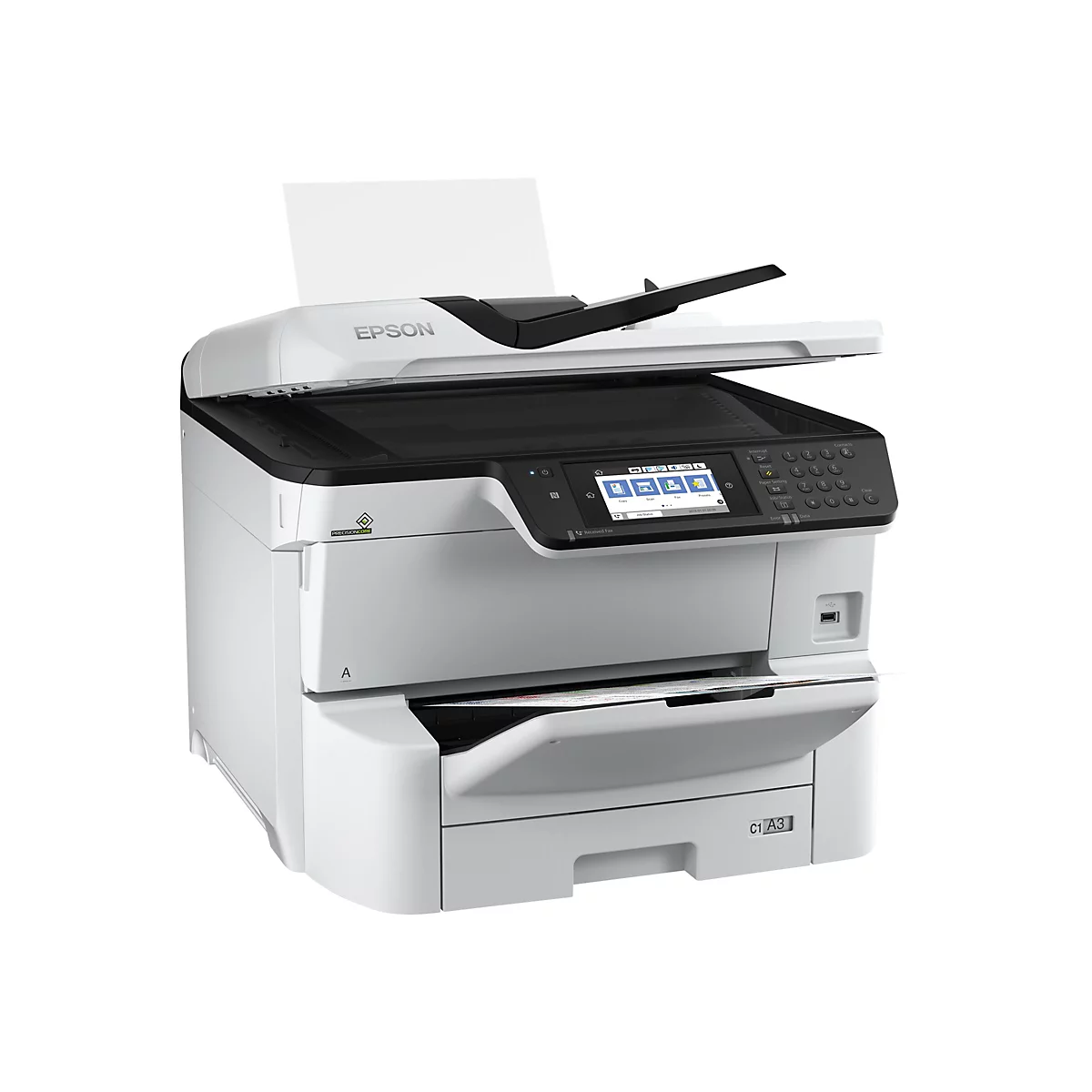 Epson Multifunktionsdrucker in Weiß mit Touchscreen-Bedienfeld und Papierfach vor neutralem Hintergrund.