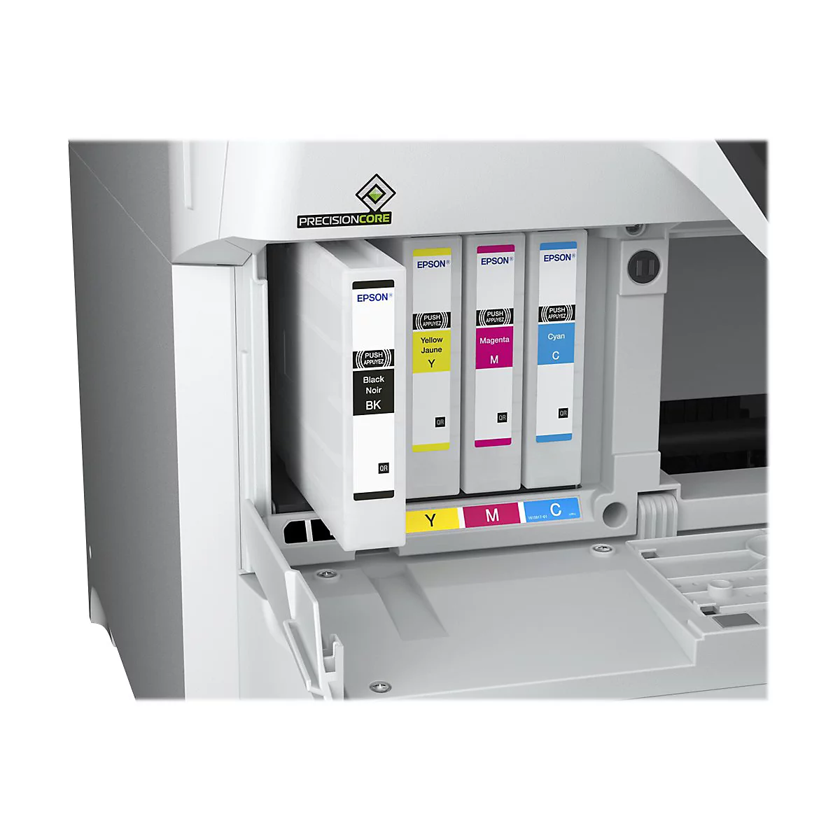 Detailaufnahme der Tintenpatronen eines Epson-Druckers mit PrecisionCore-Logo.