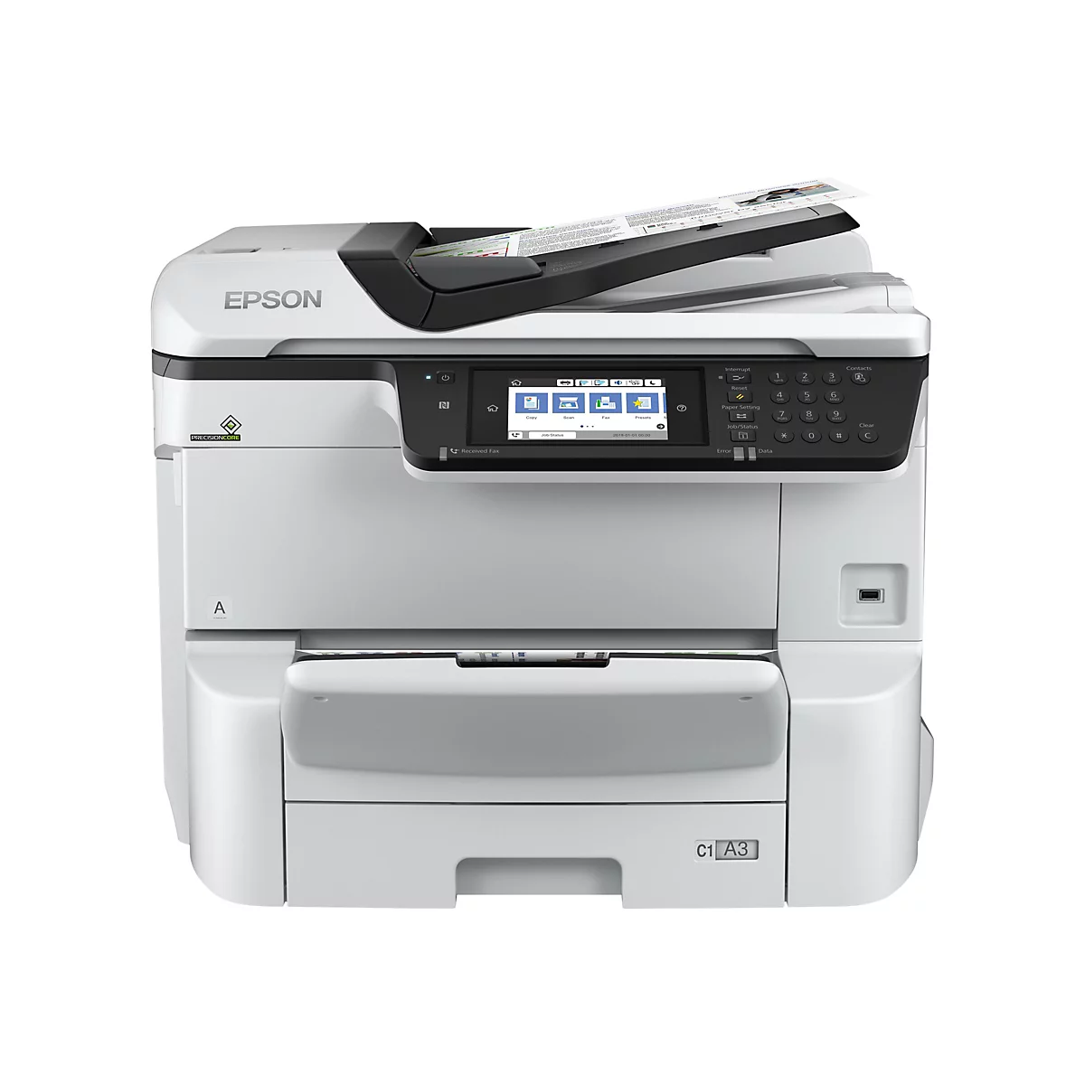 Epson Multifunktionsdrucker in Weiß vor neutralem Hintergrund mit Touchscreen-Display und bedrucktem Blatt Papier.