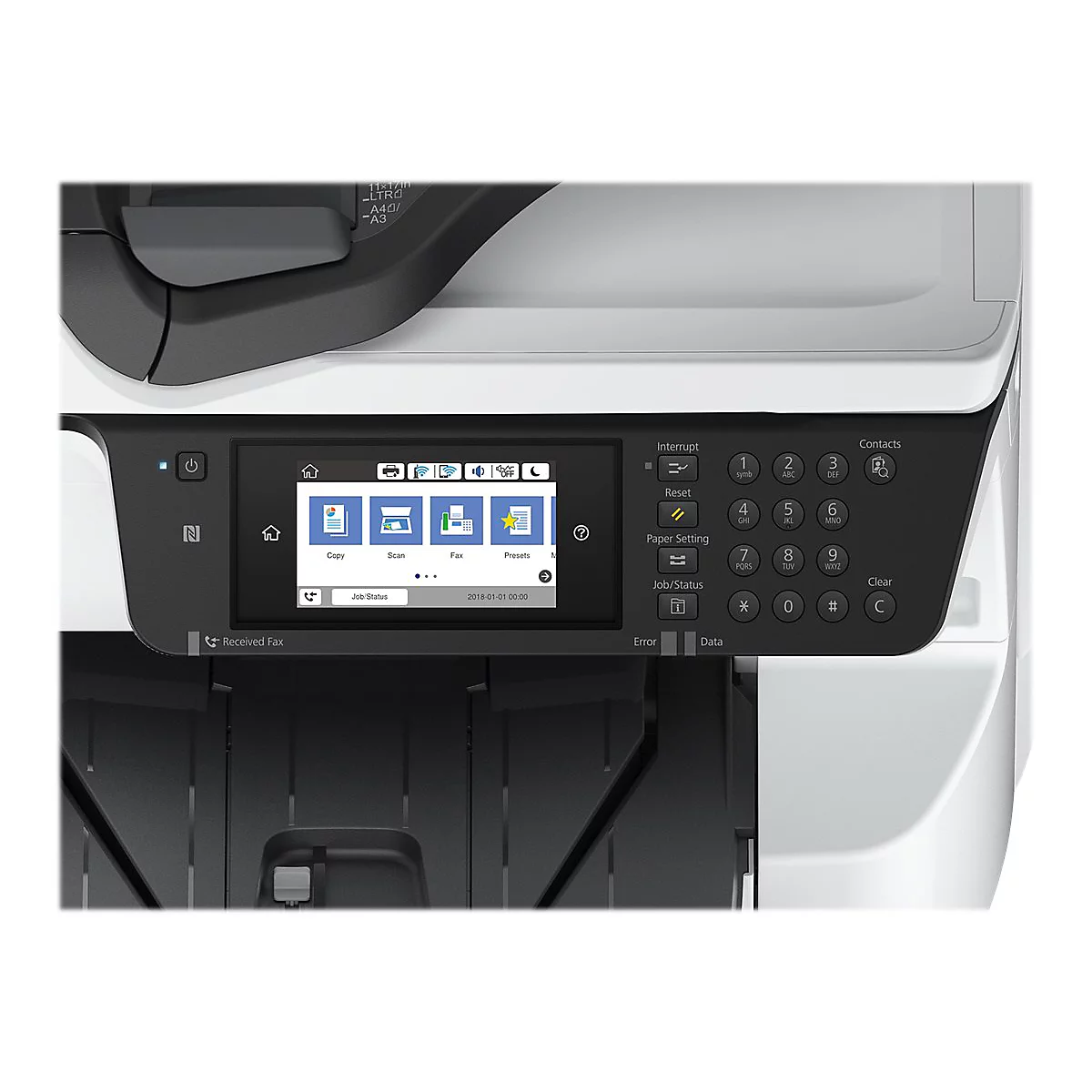 Nahaufnahme des Bedienfelds eines Multifunktionsdruckers mit Touchscreen-Display und Zifferntasten.