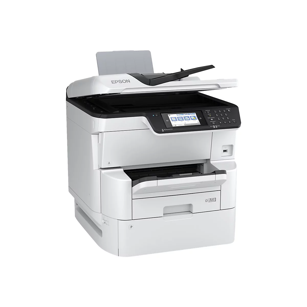 Ein weißer Epson Multifunktionsdrucker vor weißem Hintergrund mit Touchscreen-Bedienfeld.